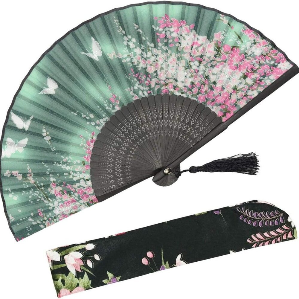 Women Hand Held Silk Folding Fan With Bamboo Frame - With A Fabric Sleeve For Pr